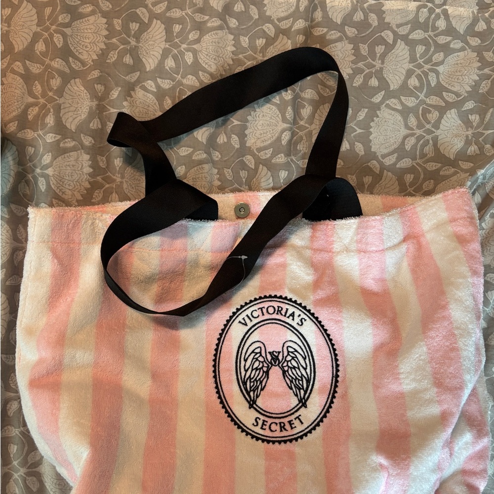 Victoria's Secret Pink & White Striped TowelTote with Black Straps
